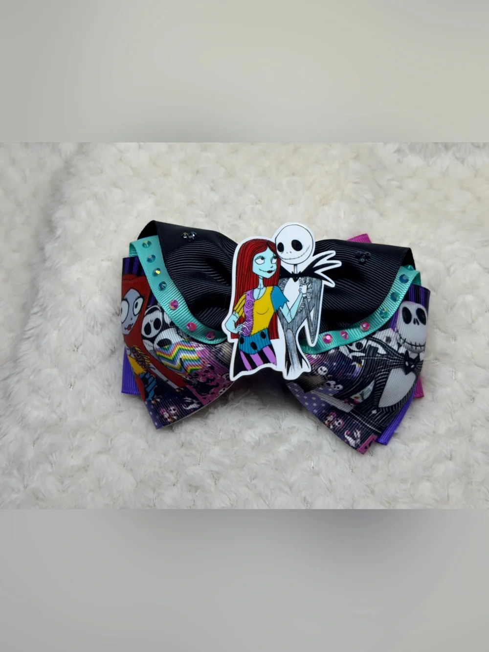 Nightmare Before Christmas Sally & Jack Themed Hair Bow - Black, Teal, Purple